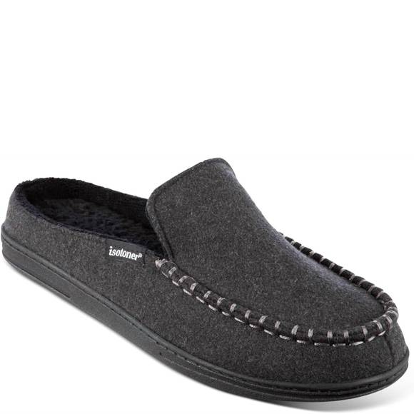 NEW ISOTONER men's faux woolen grady moccasin hoodback slippers in dark charcoal - Picture 1 of 4